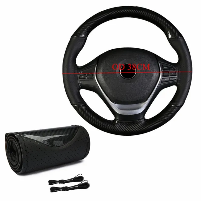 1x 38cm Carbon Fiber Look Car Steering Wheel Cover Hand Sewing PU Leather Black