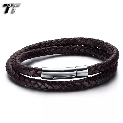 TT Double-Row Brown Leather 316L Stainless Steel Bracelet (BR213H) NEW Arrival