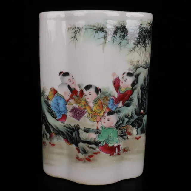 6.9" Exquisite china Famile-rose Porcelain Brush pot painting Children playing