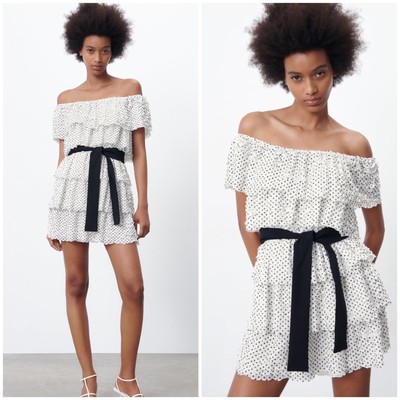 ZARA Black White Spotted Off The shoulder Belted Mini Dress With Ruffles size M
