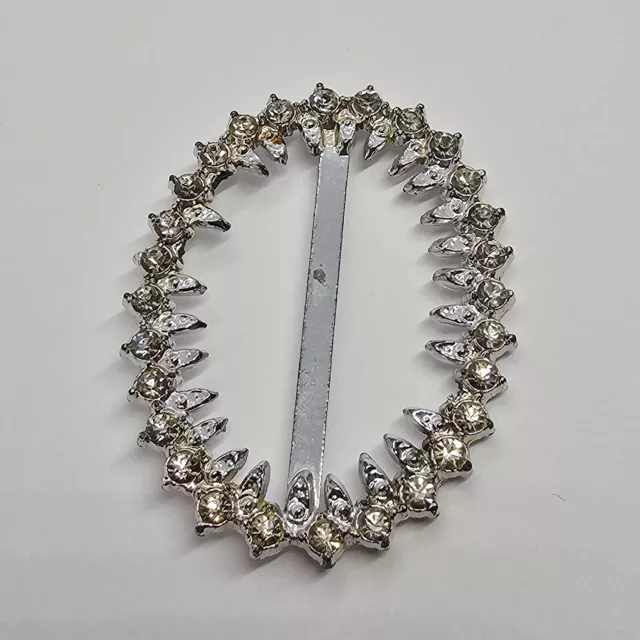 Vintage Silver Tone Sash Belt Buckle Scarf Slide With Clear Rhinestones Oval