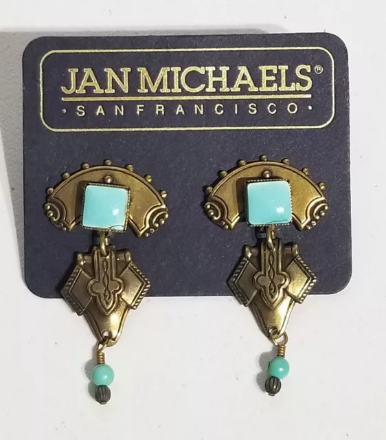 Vintage Jan Michaels San Francisco Turquoise Bronze Dangle Pierced Earrings ☆New