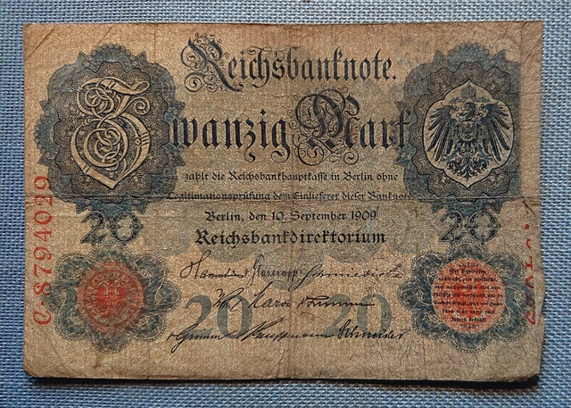 Old German Banknote Twenty Mark Berlin 10. September 1909 Reichsbankdirektorium