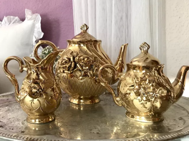 Antik alt barock üppiges Stuckdekor Porzellan Kaffeeservice gold Rosenhäferl 2