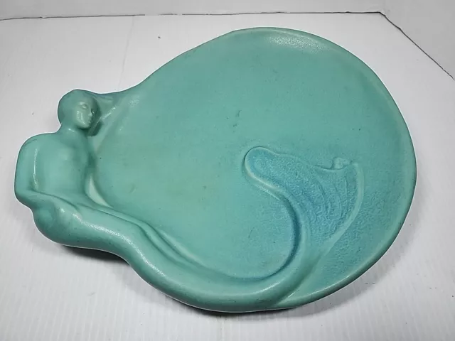 Vintage Van Briggle Ming Pottery Lorelei Mermaid Plate green blue Turquoise Read