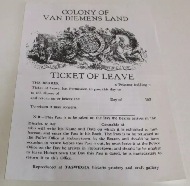 Colony of Van Diemen's Land - Ticket of Leave - Tasmania - Taswegia Reproduction