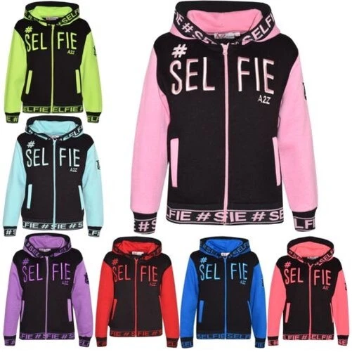 Bambine Ragazzi Giacche di Design # Selfie Ricamato Felpa con Cappuccio Zip Top
