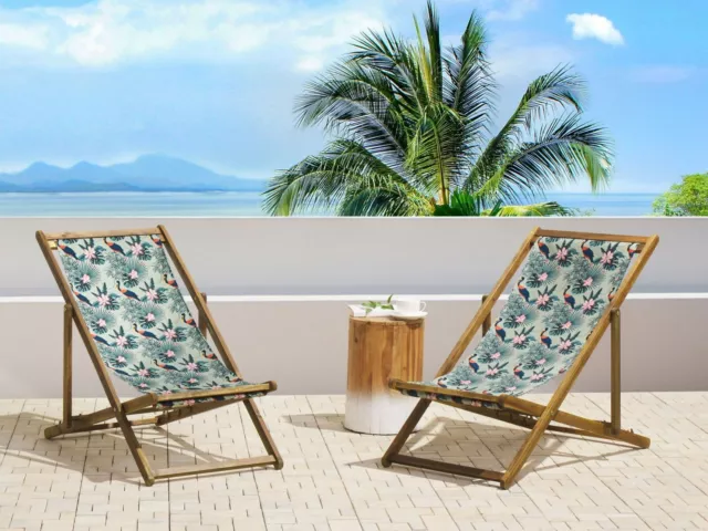 Chaise de jardin chiliennes en bois clair et tissu motif pelican multicolore Lot