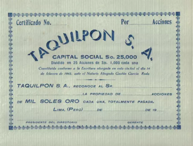 Original Peru 19__ Taquilpon Sociedad anonima 1000 soles oro unissued