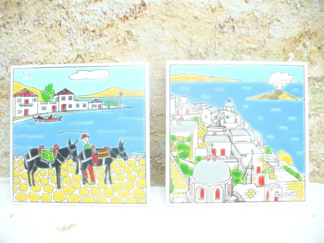 Lot of 2x vintage Greek hanging ceramic tiles 6 X 6''- Santorini, Katsidoniotis