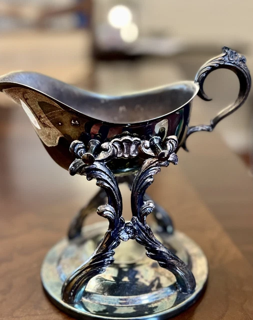 Vintage F.B. ROGERS SILVER Plated Tilting Gravy Boat with Candle Warmer Stand