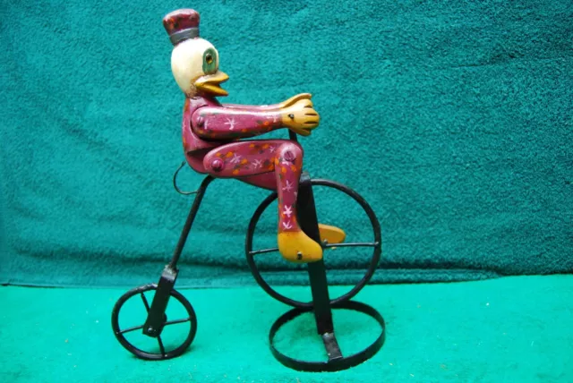 Vintage Jointed Wooden Donald Duck on Metal Tricycle Toy Figure