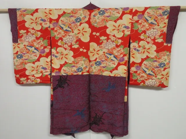 0721i06z510 Vintage Japanese Kimono Silk HAORI Red-Purple Flowers, Phoenix