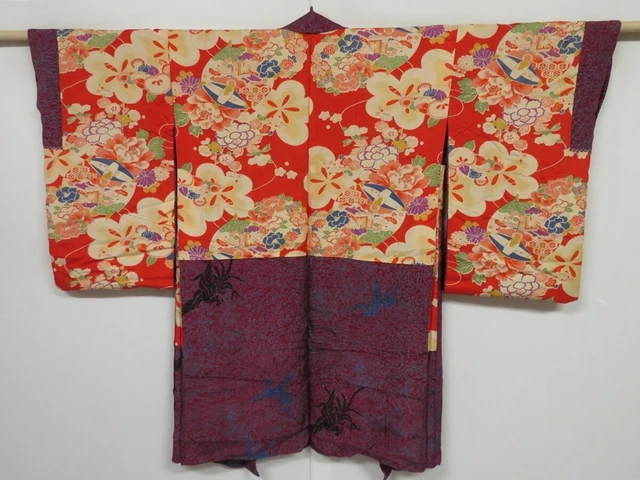 0721i06z510 Vintage Japanese Kimono Silk HAORI Red-Purple Flowers, Phoenix