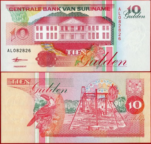 Suriname (Dutch Guiana)10 Gulden 1998 Unc Banana Harvesting At Center Right,Cent