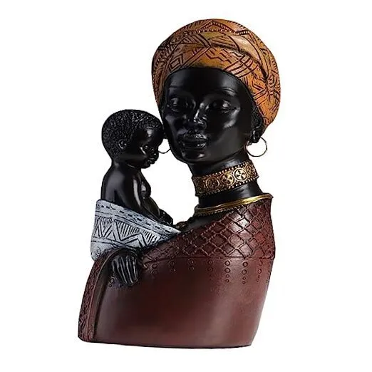 African Mother and Child Figurines African Art Head Statues and Yellow