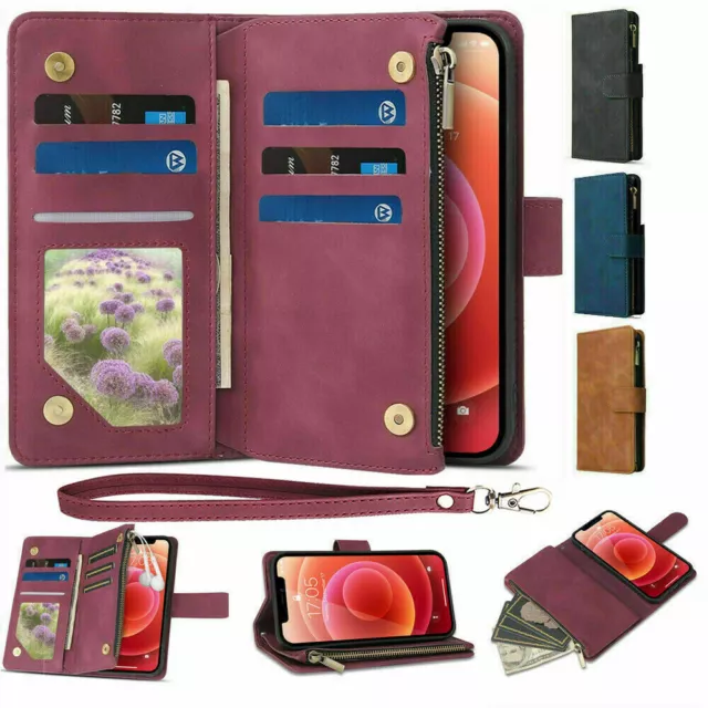 Zip Wallet Case Leather Flip Cover For iPhone 15 14 Pro Max 13 12 11 SE XR XS 8