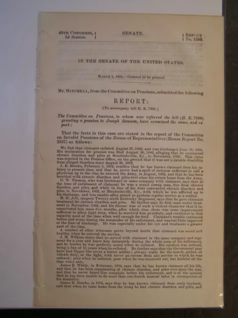 Government Report 1885 Joseph Sansom Discharged from Service Civil War