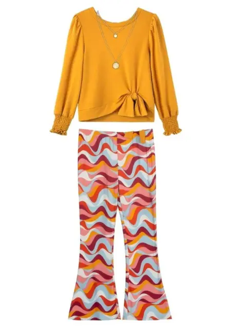 NEW Rare Editions Girls Size 14 "MUSTARD & PINK GROOVY" Top Flared Leg Pant Set