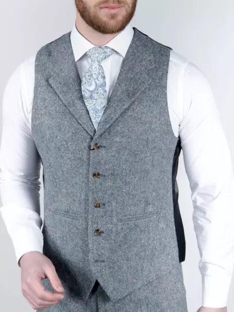 Mens Ex-Hire Torre 100% Wool Light Blue Tweed Waistcoat with Notch Lapel