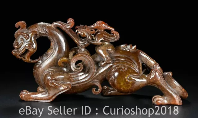 9.8" Chinese Natural Hetian Nephrite Jade Carving Dragon Beast Statue Sculpture