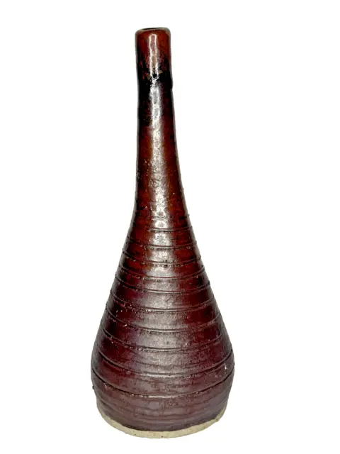 Brown Spiral Art Pottery Decorative Bud Vase Artist Signed 9.5"