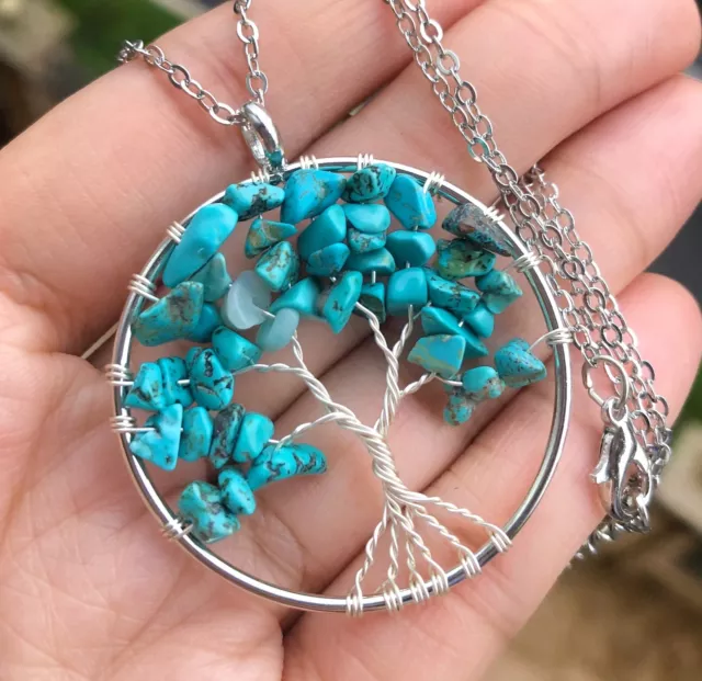 Natural Turquoise Gems Tree Of Life Necklace Chakra Reiki Healing Amulet
