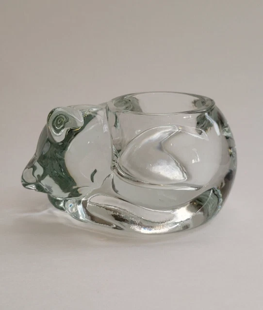 Vintage Indiana Crystal Glass Sleeping Cat Votive Candle Holder