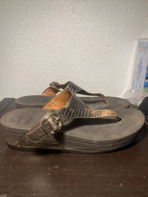 FitFlop The Skinny Silver Reptile Thong Flip Flops Sandals 350-011 Women's SZ  8