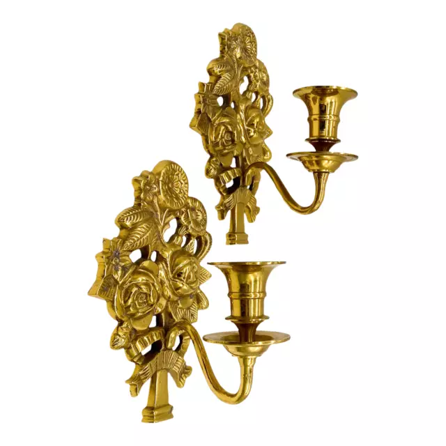 20th Century Brass Floral Wall Hanging Candle Sconces - a Pair