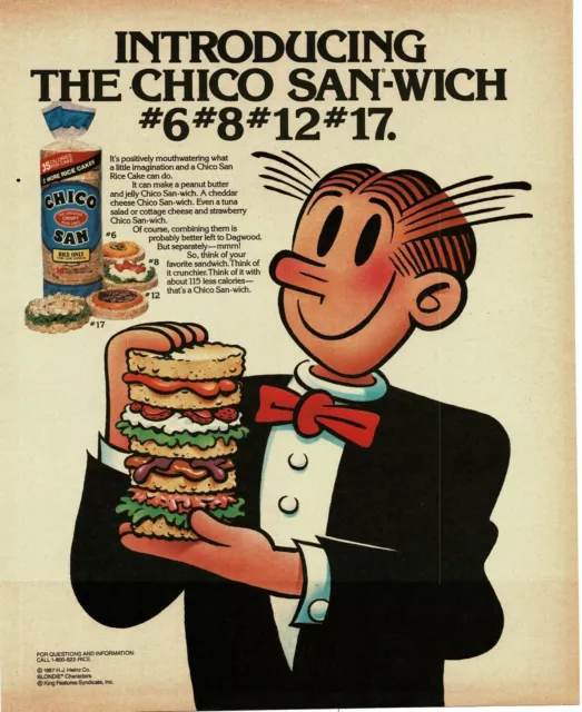 1987 CHICO-SAN RICE Cakes Dagwood Bumstead Sandwich Vintage Print Ad £7