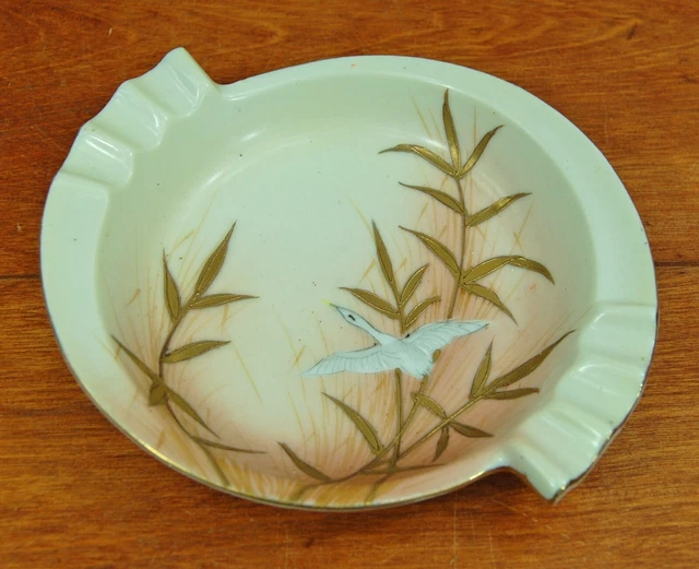 Vintage Ucagco China Japan Hand-Painted Ashtray Bird White Crane Gold Bamboo