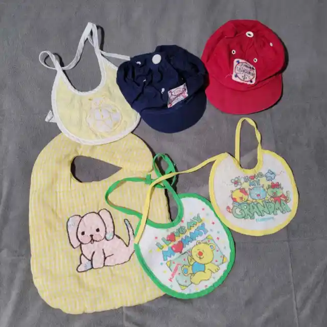 Mixed Lot of 6 Bibs & Hats Vintage Playskool Infant Baby Toddler Craft Baseball