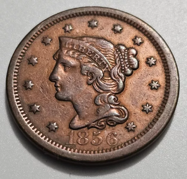 1856-P Philadelphia Braided Hair Large Cent 1C AU Almost Uncirculated Details