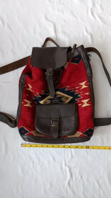 Handwoven Red Blue Wool Backpack With Leather Suede Bag  Made in Mexico