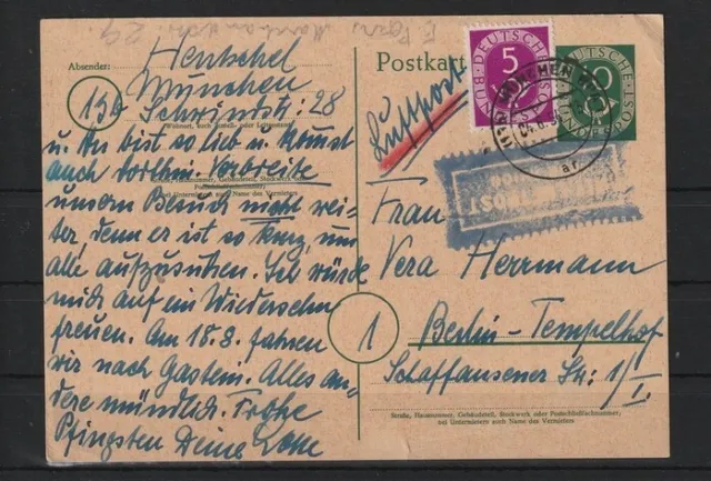 BRD Posthorn GA Karte + ZuF Luftpost München - Berlin-Tempelhof, 1954 #1104511