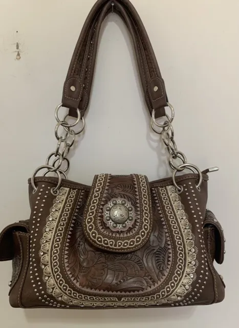 Montana West Brown Tooled Leather Shoulder Studs, Rhinestone Handbag