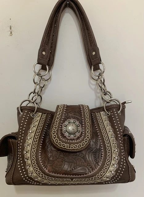 Montana West Brown Tooled Leather Shoulder Studs, Rhinestone Handbag Montana West Brown Tooled Leather Shoulder Studs, Rhinestone Handbag