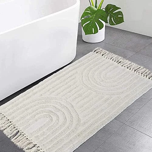Boho Bathroom Rugs 2'x3' Handmade Kitchen Rugs Washable Beige Bath Mat with
