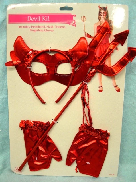 4 PC Halloween DEVIL Red Headband Trident Gloves DRESS UP Costume MASK One SZ