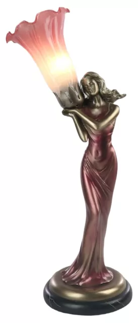 48Cm Art Deco/Nouveau Table Lamp Pink Lily Lady Bronze Figurine Glass Shade Bulb