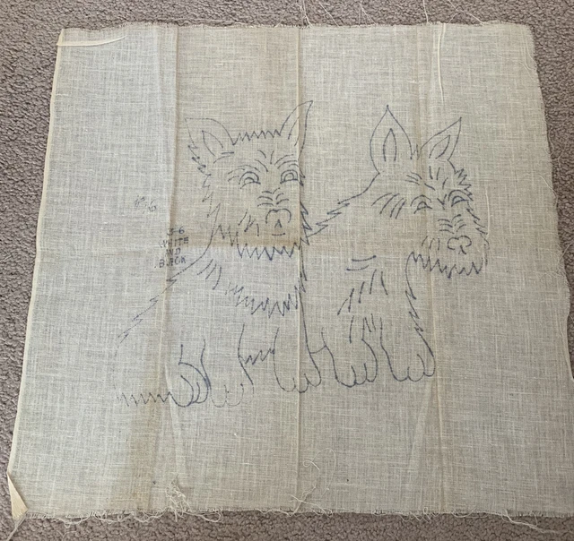 "Lino bordado vintage muy antiguo para perros escoceses - 17 1/2""x19"