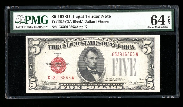 DBR 1928-D $5 Legal Fr. 1529 Vinson GA Block PMG 64 EPQ Serial G53916863A