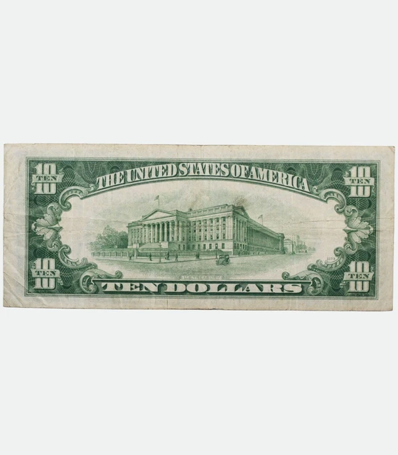1934 B USA 10 Dollar  Federal Reserve Note US Banknote Bill, GREEN Seal, VF 2