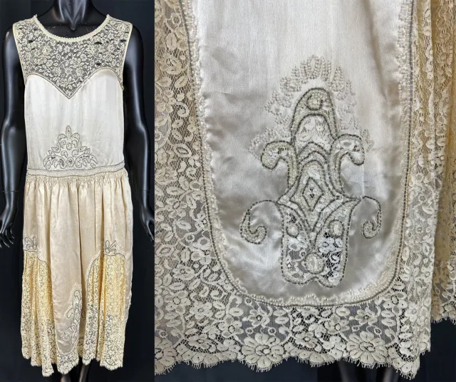 Vintage Art Deco Ivory Silk Lace Seed Pearl White Beaded Flapper Wedding Dress
