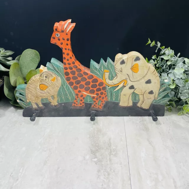 Vintage Hand Carved Painted African Safari Animals Children's Coat / Hat Rack