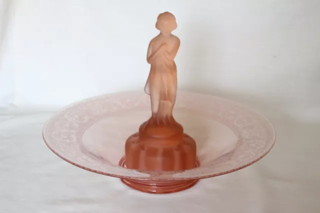 Art Deco Pink Glass Console Bowl with Draped Lady Figure by Cambridge Glass