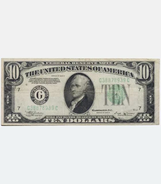 1934 B USA 10 Dollar  Federal Reserve Note US Banknote Bill, GREEN Seal, VF