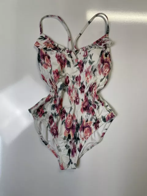 LAUNDRY by SHELLI SEGAL One Piece Bikini Swimsuit White Floral Print Size M