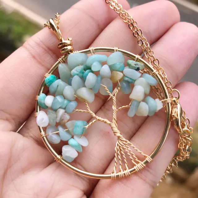 Amazonite Gem Tree Of Life Water-Drop Necklace Chakra Reiki Healing Amulet